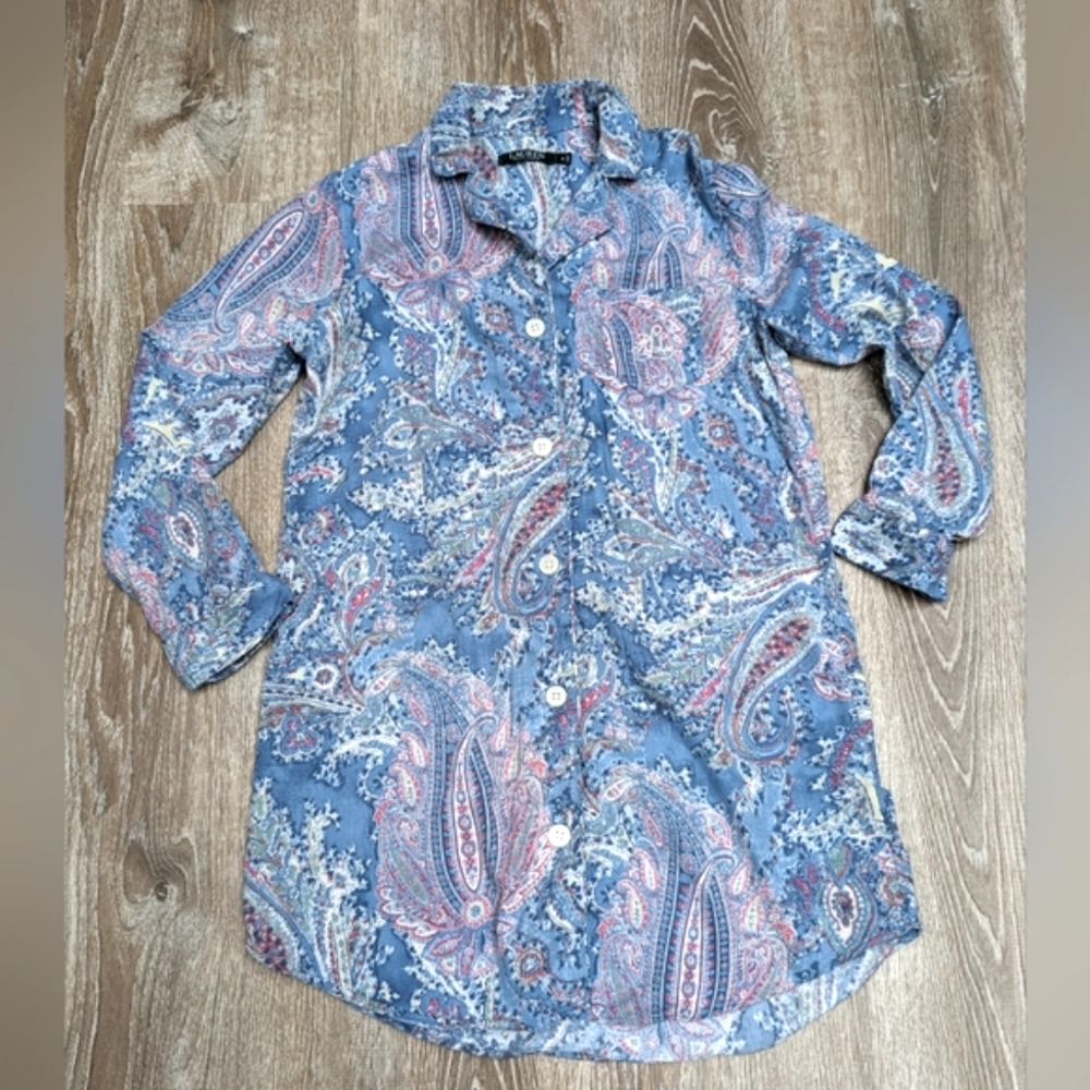 Lauren Ralph Lauren Monogram Paisley Button Down Sleep Shirt Size Small